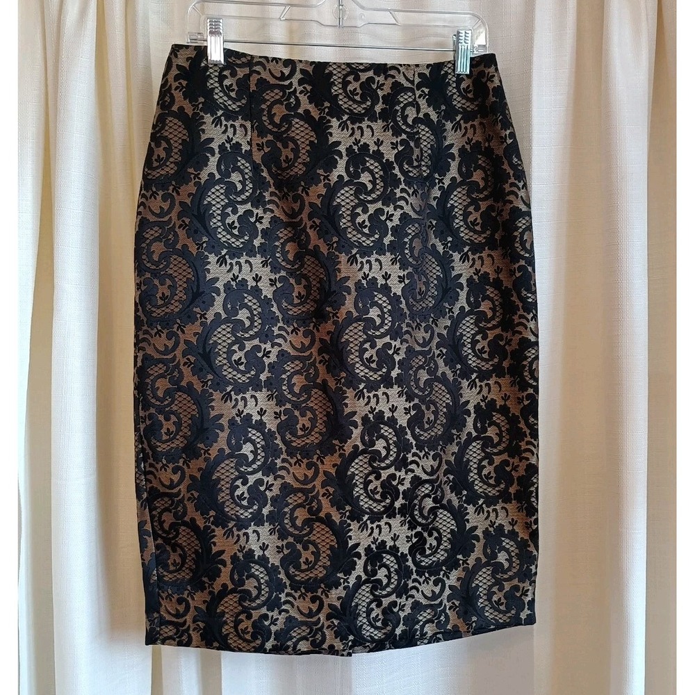 Worthington Skirt Size 10 Black Gold Jacquard Brocade Metallic‎ Back Zipper